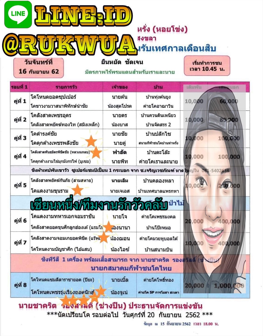 โปรแกรมวัวชนจากสนามกีฬาชนโคบ้านท่าหรั่ง 2562/9/16