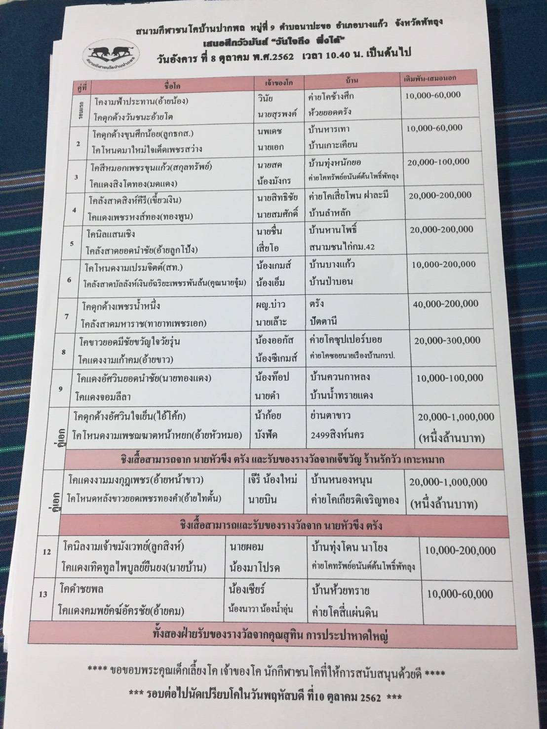 โปรแกรมวัวชนจากสนามกีฬาชนโคบ้านปากพล 2562/10/8