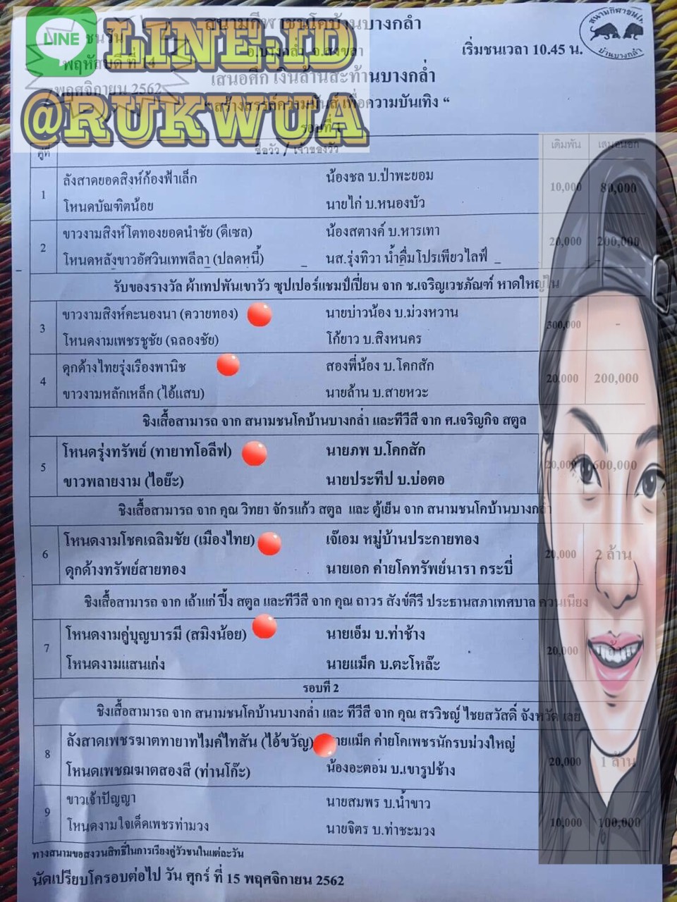 โปรแกรมวัวชนจากสนามกีฬาชนโคบ้านบางกล่ำ 2562/11/14