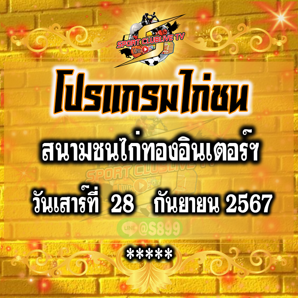 โปรแกรมถ่ายทอดสด สนามชนไก่ทองอินเตอร์ฯ วันเสาร์ที่ 28 กันยายน 2567